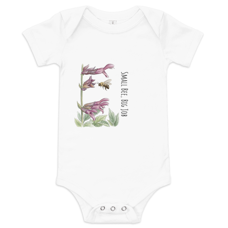 White 100% cotton baby one-piece featuring the Meadow Whisper  bumblebee design from the Golden Dust collection.