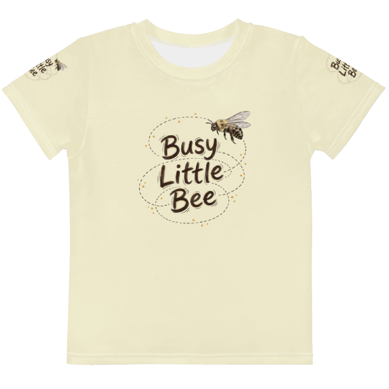 Front side t-shirt with 'Busy Little Bee' text and bee illustrations 