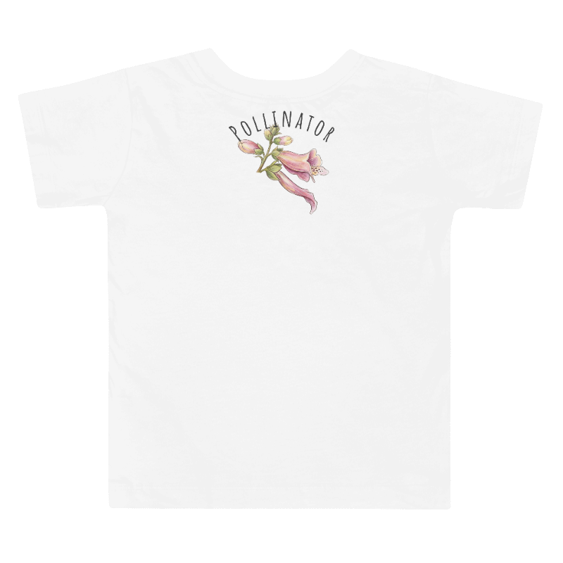 Backview White 100% cotton toddler t-shirt with 'Pollinator' and foxglove illustration centered on the back.