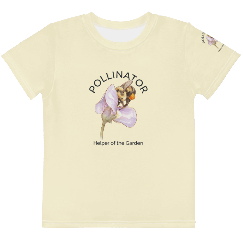 t-shirt with a bee and flower graphic and text "Pollinator" Tinywing Tales