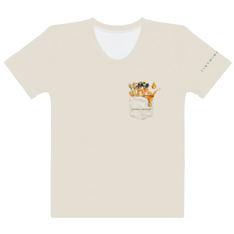 Beige t-shirt with a pocket design featuring butterflyweed and a bee and honey on a beige background