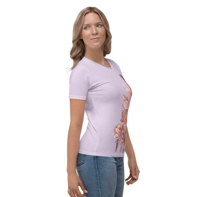 Right view of Woman wearing a light Lavender t-shirt with floral design 
