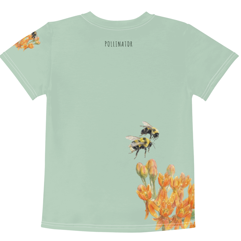 Backview Kids crew neck t-shirt featuring a fuzzy bumblebee and botanical flowers from The Golden Dust collection.