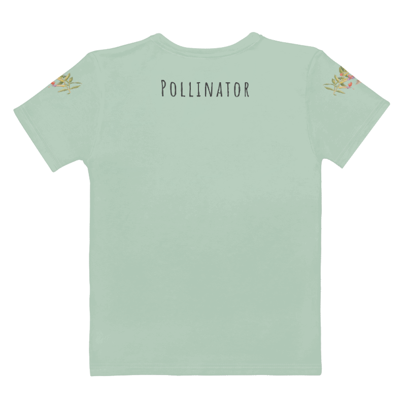 light green t-shirt with text "Pollinator"