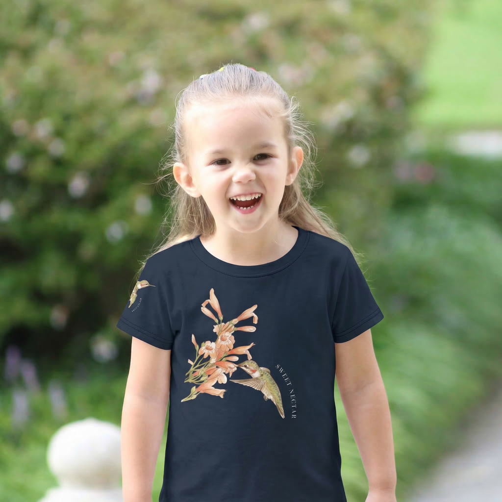 Detailed view of the soft, stretchy jersey fabric on the Sweet Nectar hummingbird toddler tee.
