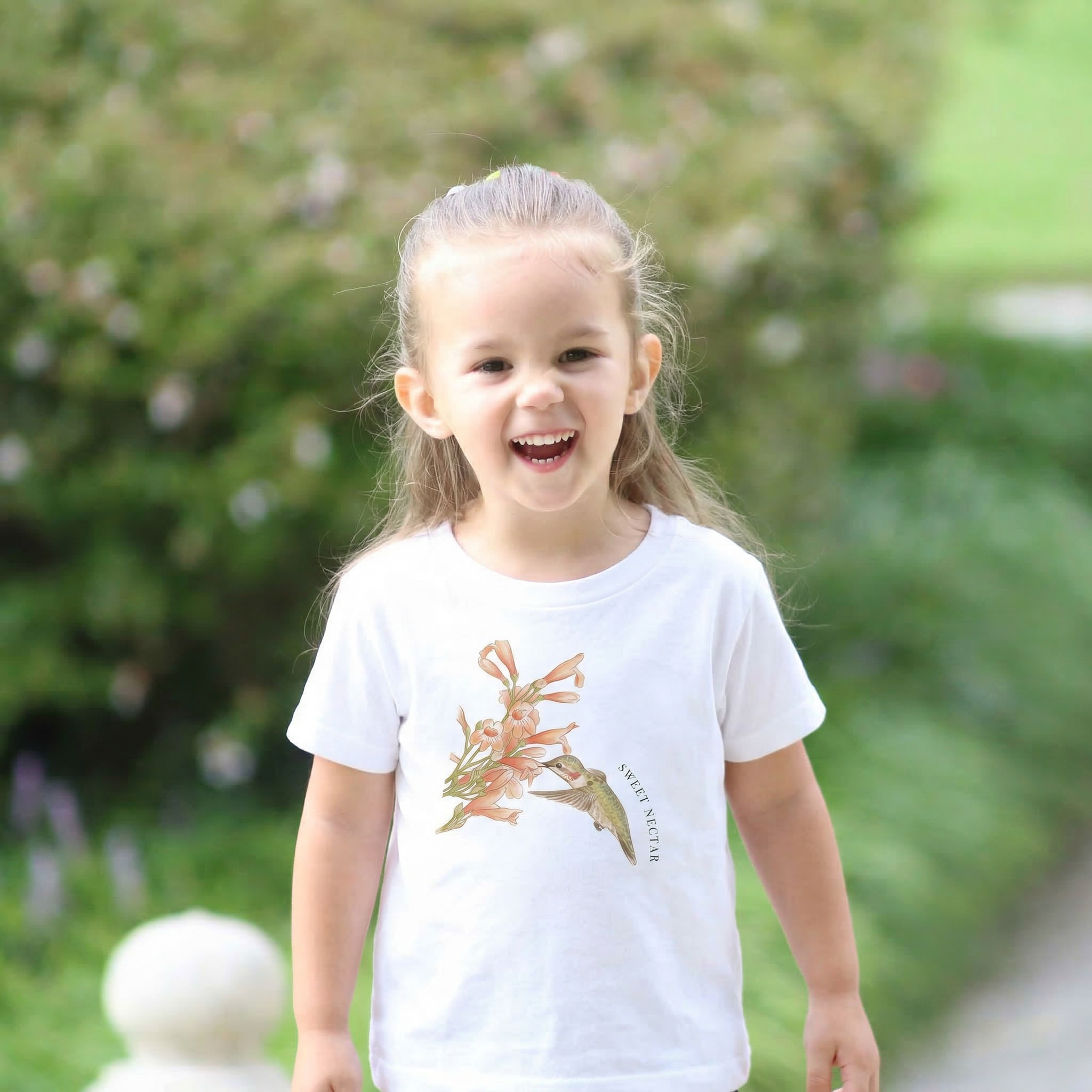 Hand-painted hummingbird toddler t-shirt, 100% cotton nature-inspired clothing for kids.