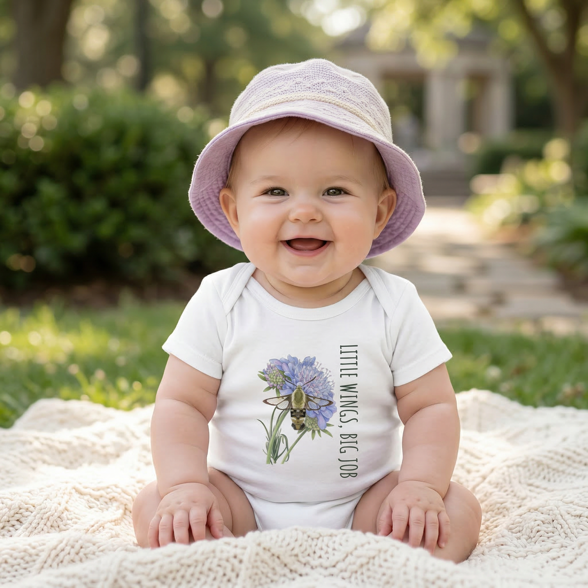 Cute baby wearing a Tinywing Tales hummingbird bodysuit from The Nectar Quest collection, perfect for a nature-inspired nursery gift.