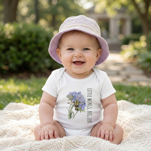 Cute baby wearing a Tinywing Tales hummingbird bodysuit from The Nectar Quest collection, perfect for a nature-inspired nursery gift.