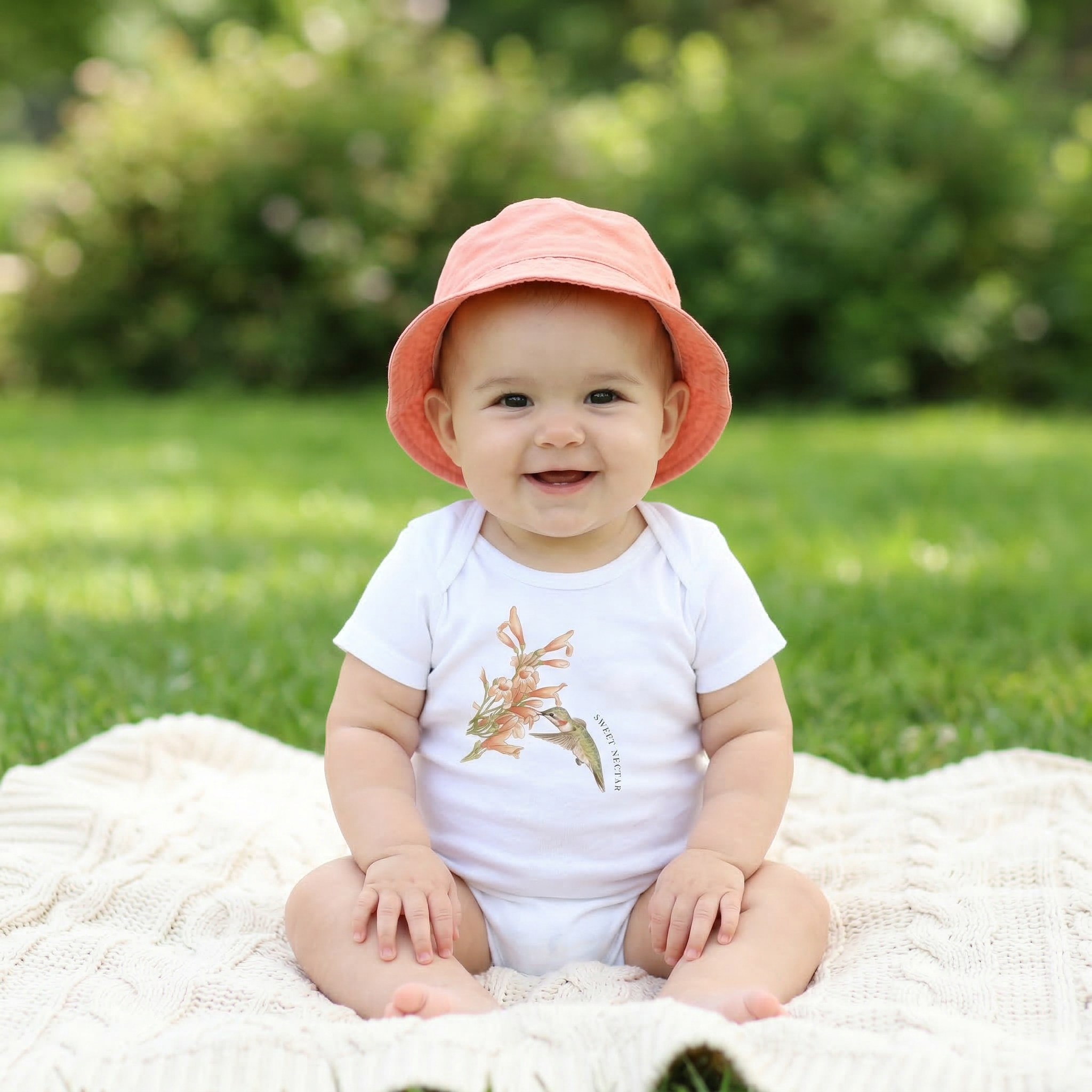 Baby wearing a Tinywing Tales hummingbird bodysuit from The Nectar Quest collection, designed for nature-inspired nurseries.