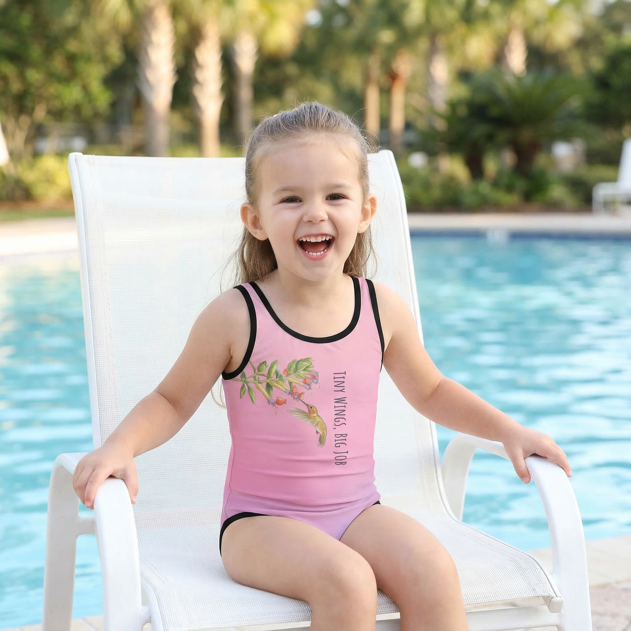 Lavender mist toddler swimsuit with hummingbird and floral pattern