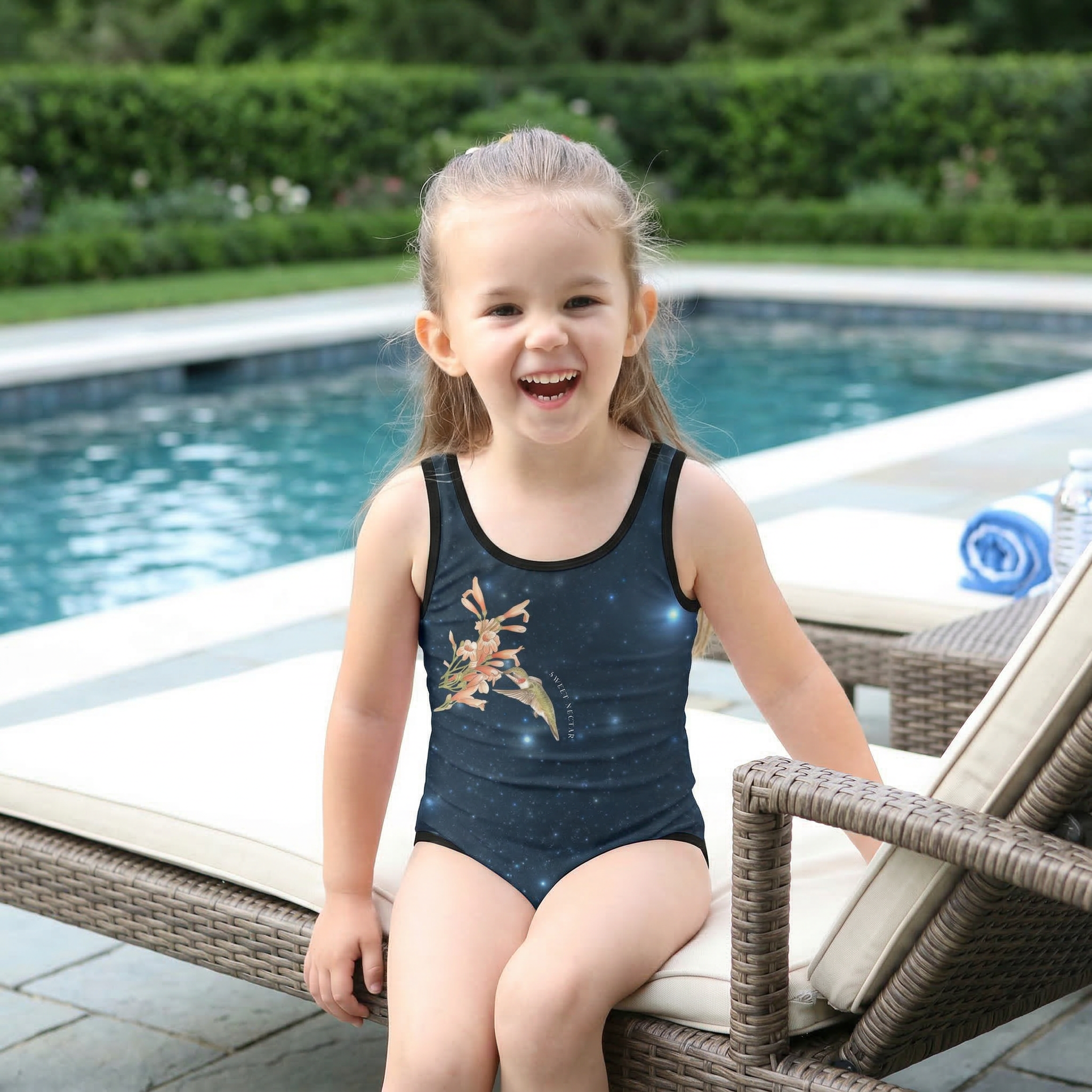 Little girl wearing Nectar mist toddler swimsuit with hummingbird and floral pattern