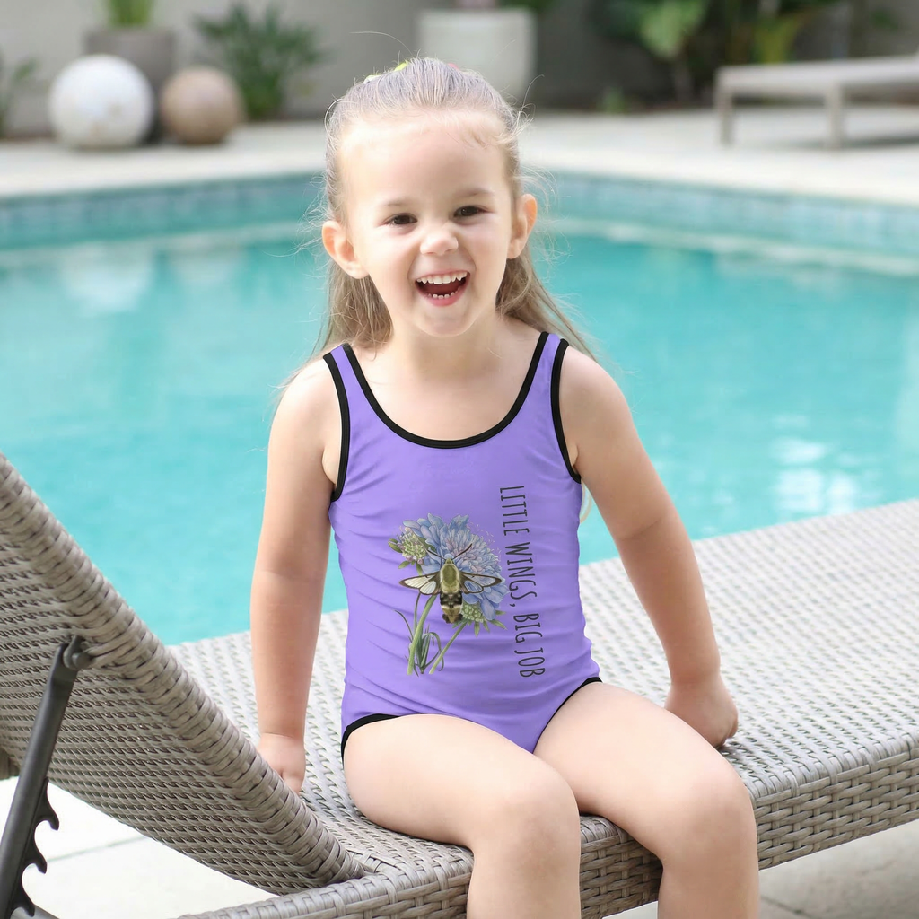 "Toddler girl wearing Nectar Quest hummingbird print swimsuit sitting by a swimming pool."