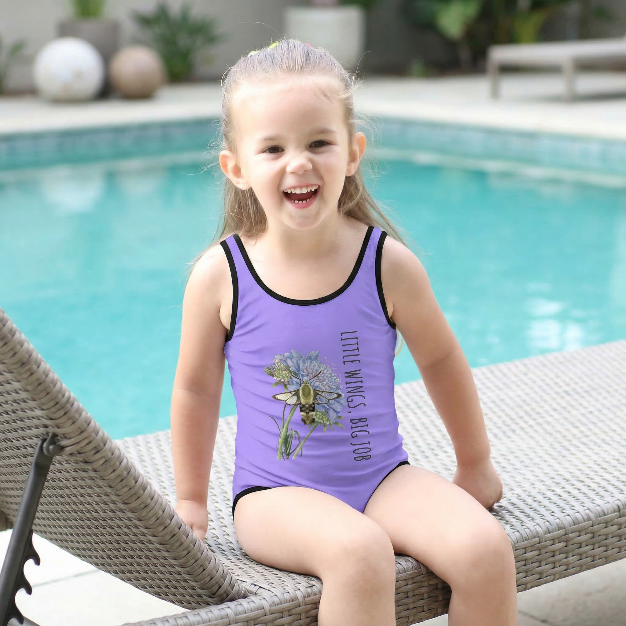 "Toddler girl wearing Nectar Quest hummingbird print swimsuit sitting by a swimming pool."