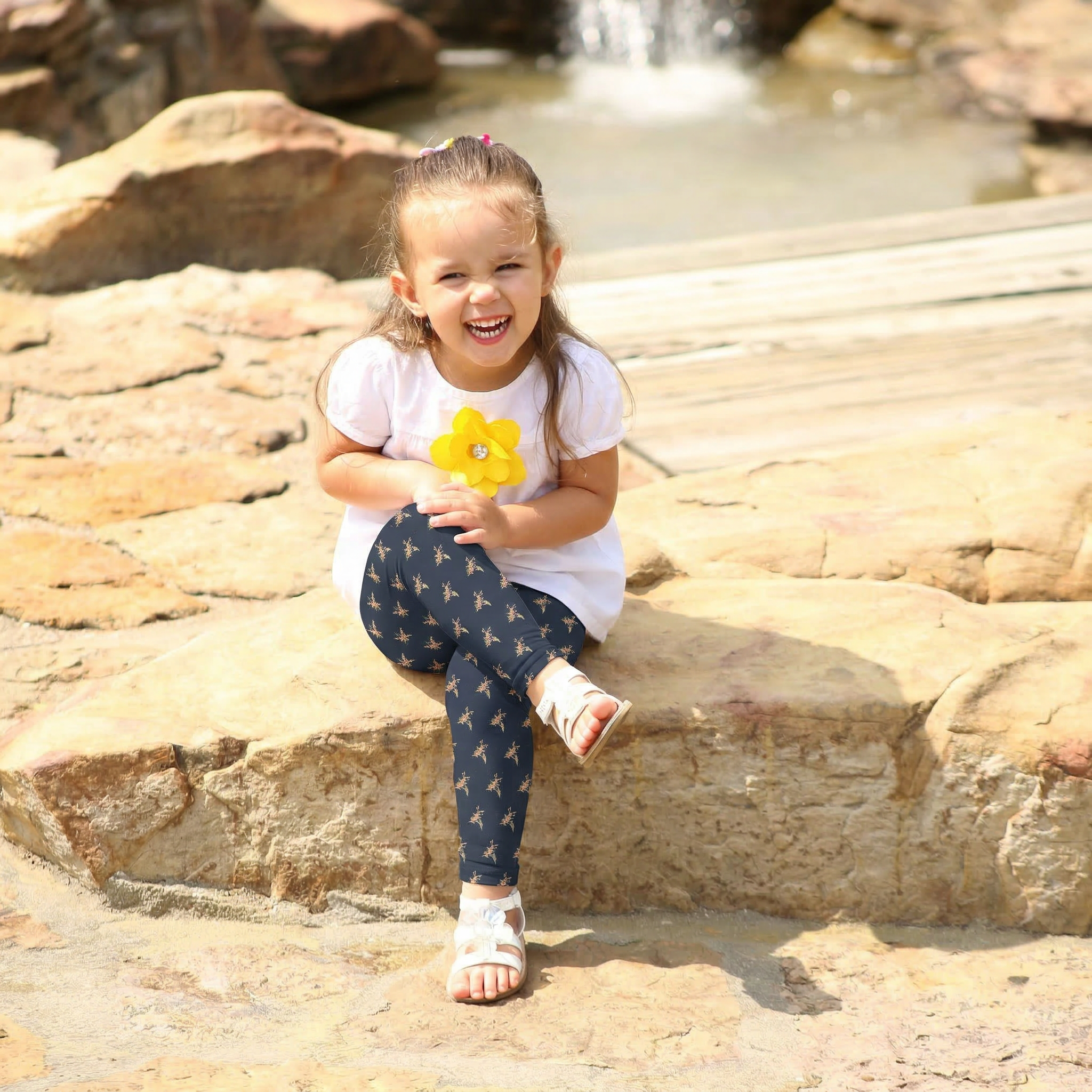 A young girl sitting on rock near waterfall wearing dark navy leggings with a vibrant hummingbird and floral nectar quest print.