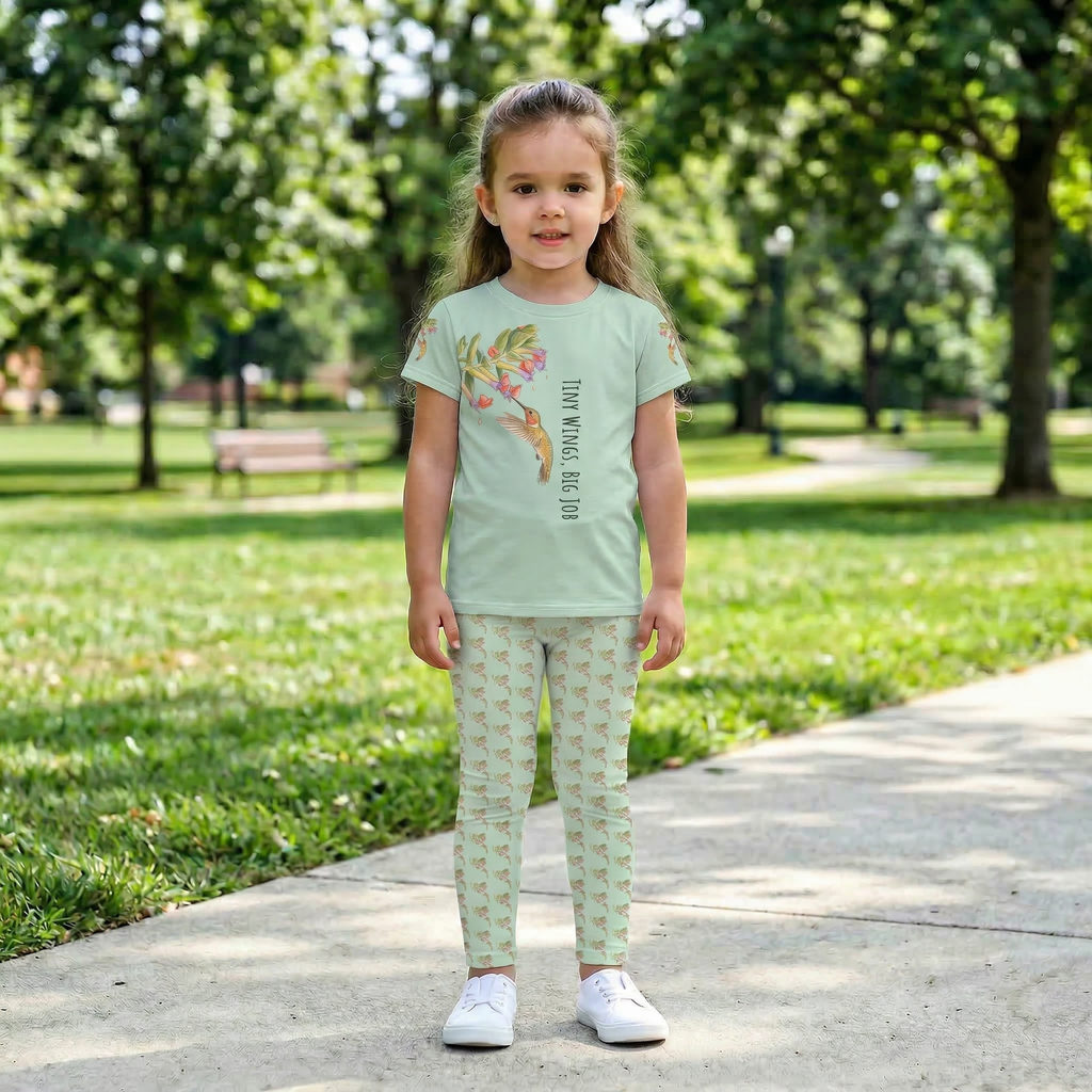 Close up of a child walking outdoors wearing Tinywing Tales "Tiny wings, Big Job," hummingbird print leggings, along with matching Tee