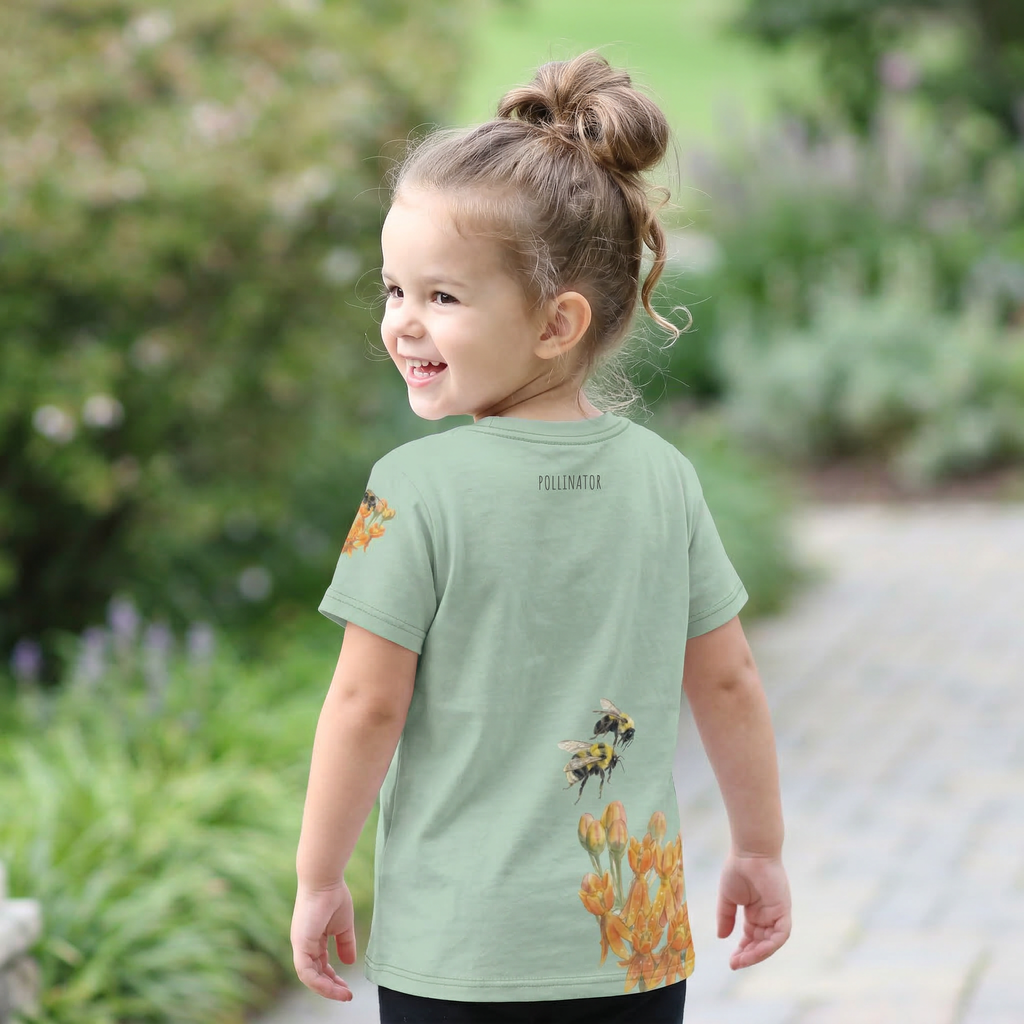 Backview of Child wearing Kids crew neck t-shirt featuring a fuzzy bumblebee and botanical flowers from The Golden Dust collection.