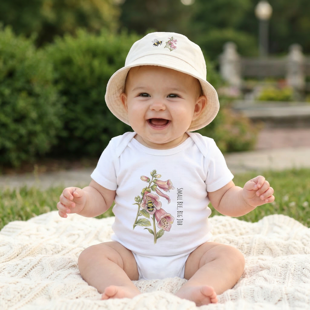 Baby girl sitting on a blanket wearing a white 100% cotton baby one-piece with 'Small Bee, Big Job' bumblebee and foxglove illustration on the front.
