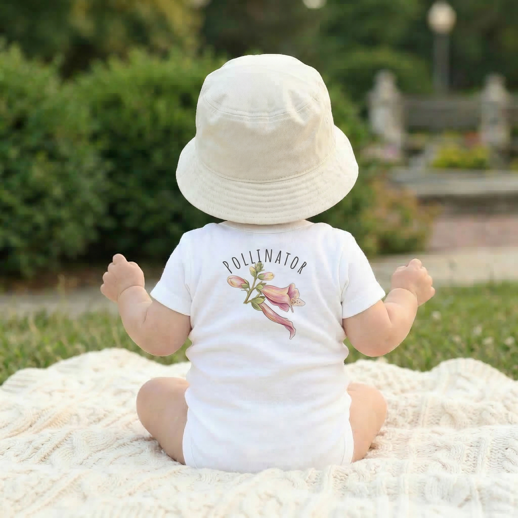 Backview of Baby girl sitting on a blanket wearing a white 100% cotton baby one-piece with 'Pollinator" and foxglove illustration on the back.