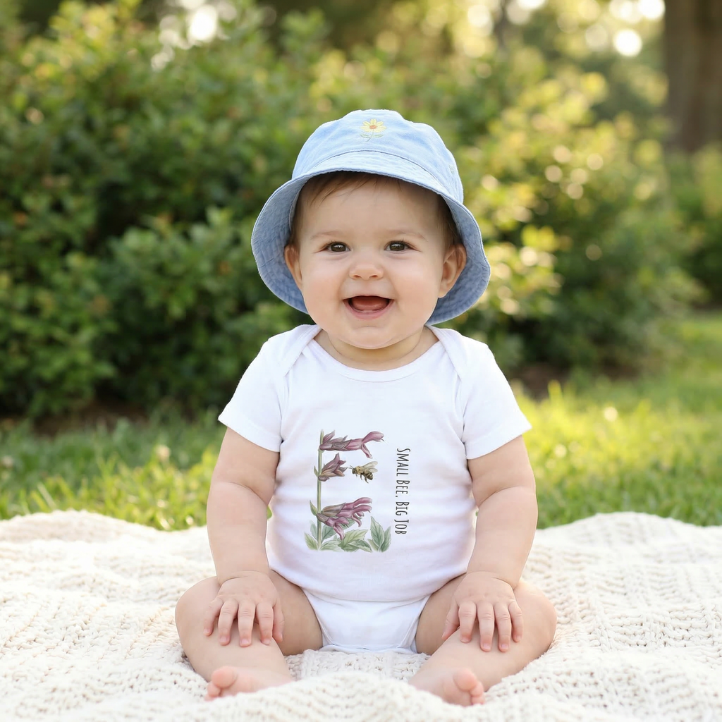 A baby sitting on a blanket wearing a white 100% cotton baby one-piece featuring the Meadow Whisper  bumblebee design from the Golden Dust collection.