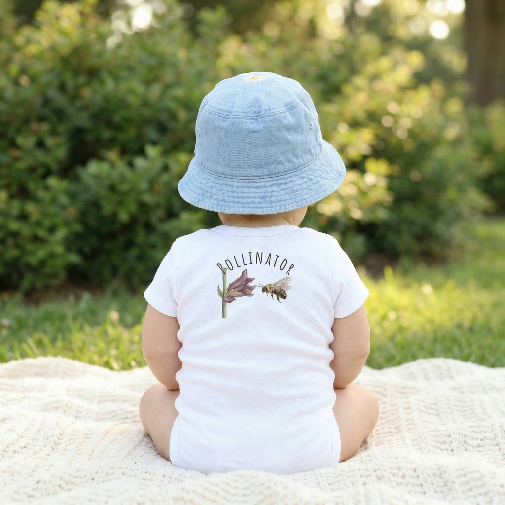 A backview of a baby sitting on a blanket wearing a white 100% cotton baby one-piece featuring the Meadow Whisper  bumblebee design from the Golden Dust collection.