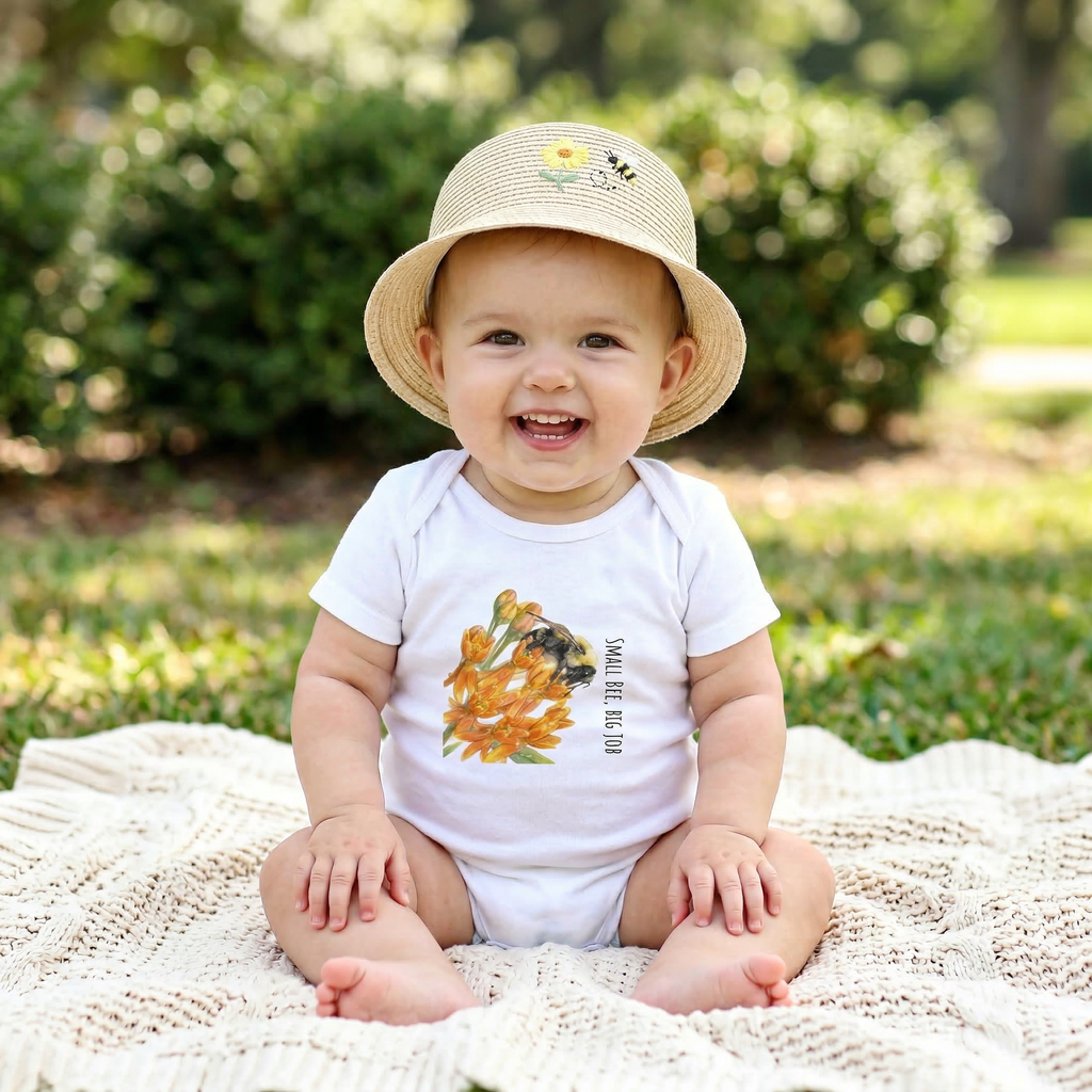 Baby sitting on a blanket wearing a White 100% cotton baby one-piece featuring the bumblebee design from the Golden Dust collection.
