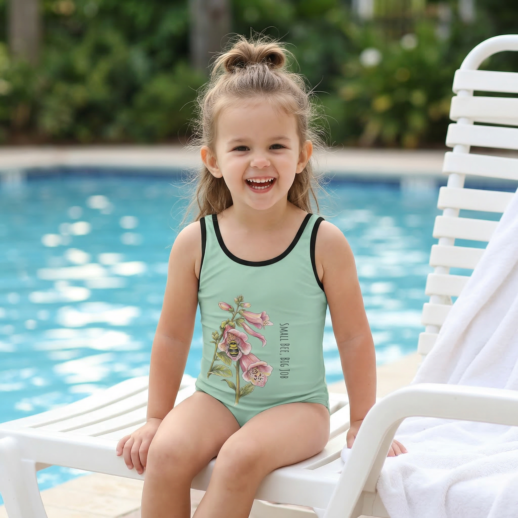 Child sitting by the pool wearing Golden Dust: "Small Bee, Big Job" Kids Swimsuit