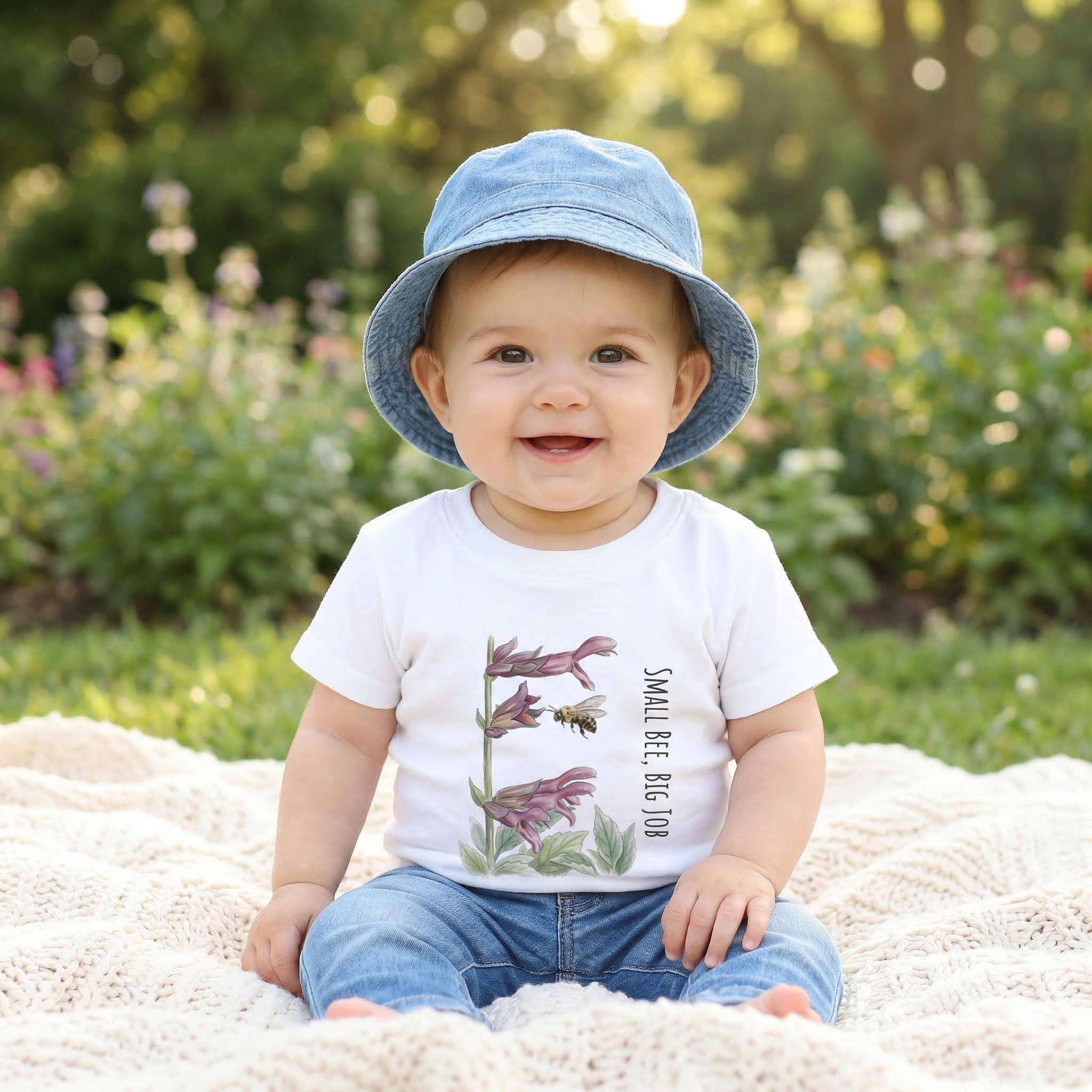 Child wearing a white shirt with a flora and beel design and blue denim hat, sitting on a blanket outdoors.