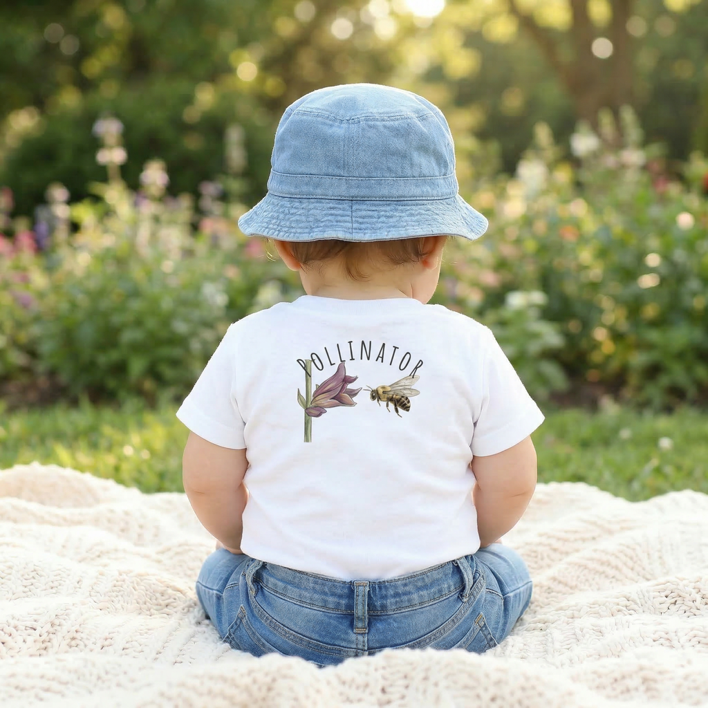 Child wearing a white t-shirt with a bee design and blue denim hat and pants, sitting on a blanket in a garden.