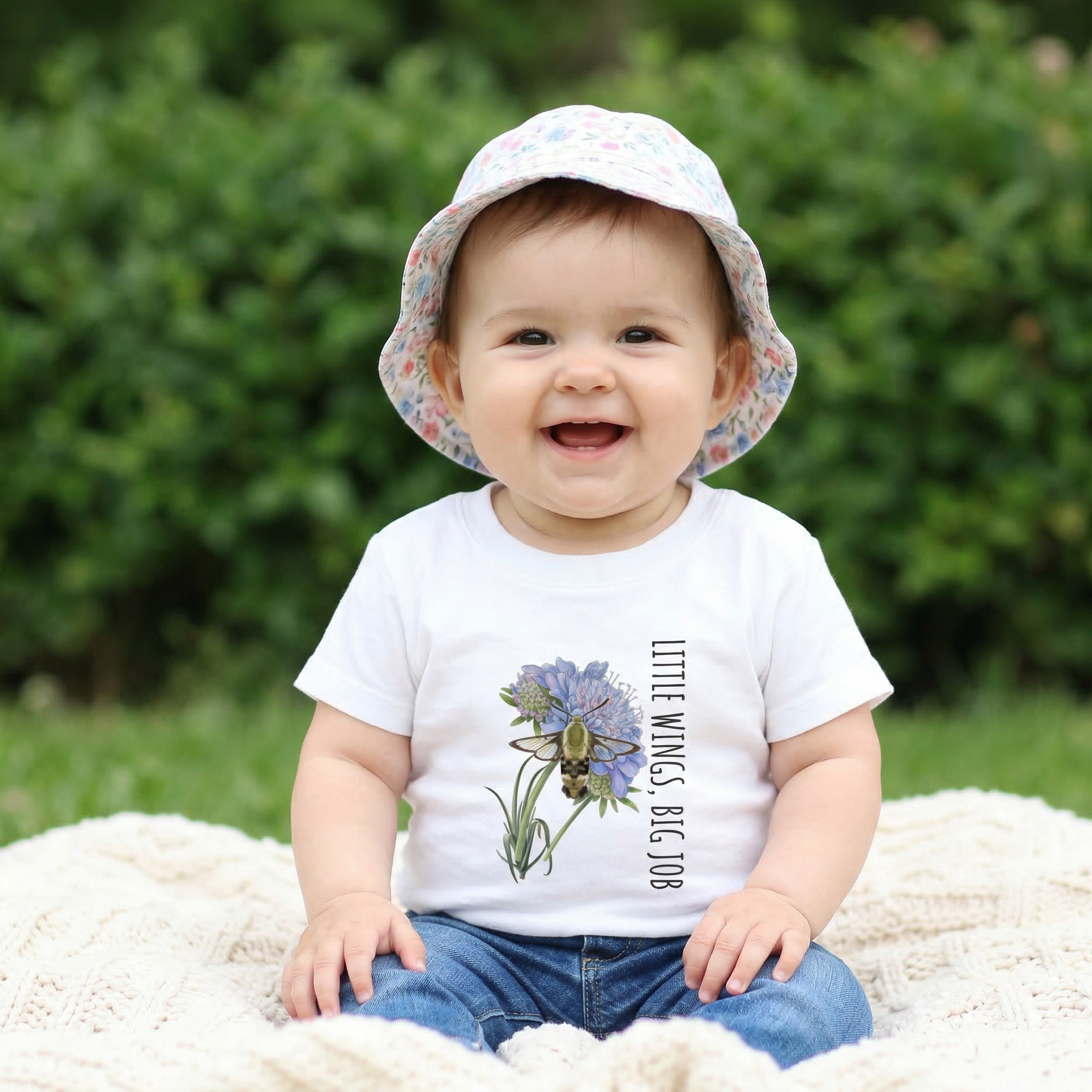 Baby sitting on a blanket outdoors wearing a hat and wearing a white Bella + Canvas baby short sleeve tee." wit text  "little wings, big job" on the front