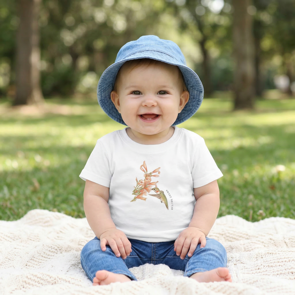 Baby sitting on a blanket outdoors wearing a blue hat and"Sweet Nectar hummingbird illustration on a white Bella + Canvas baby short sleeve tee."
