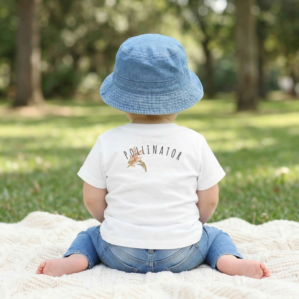 Child wearing a white t-shirt with 'POLLINATOR' text and blue denim outfit sitting on a blanket outdoors.
