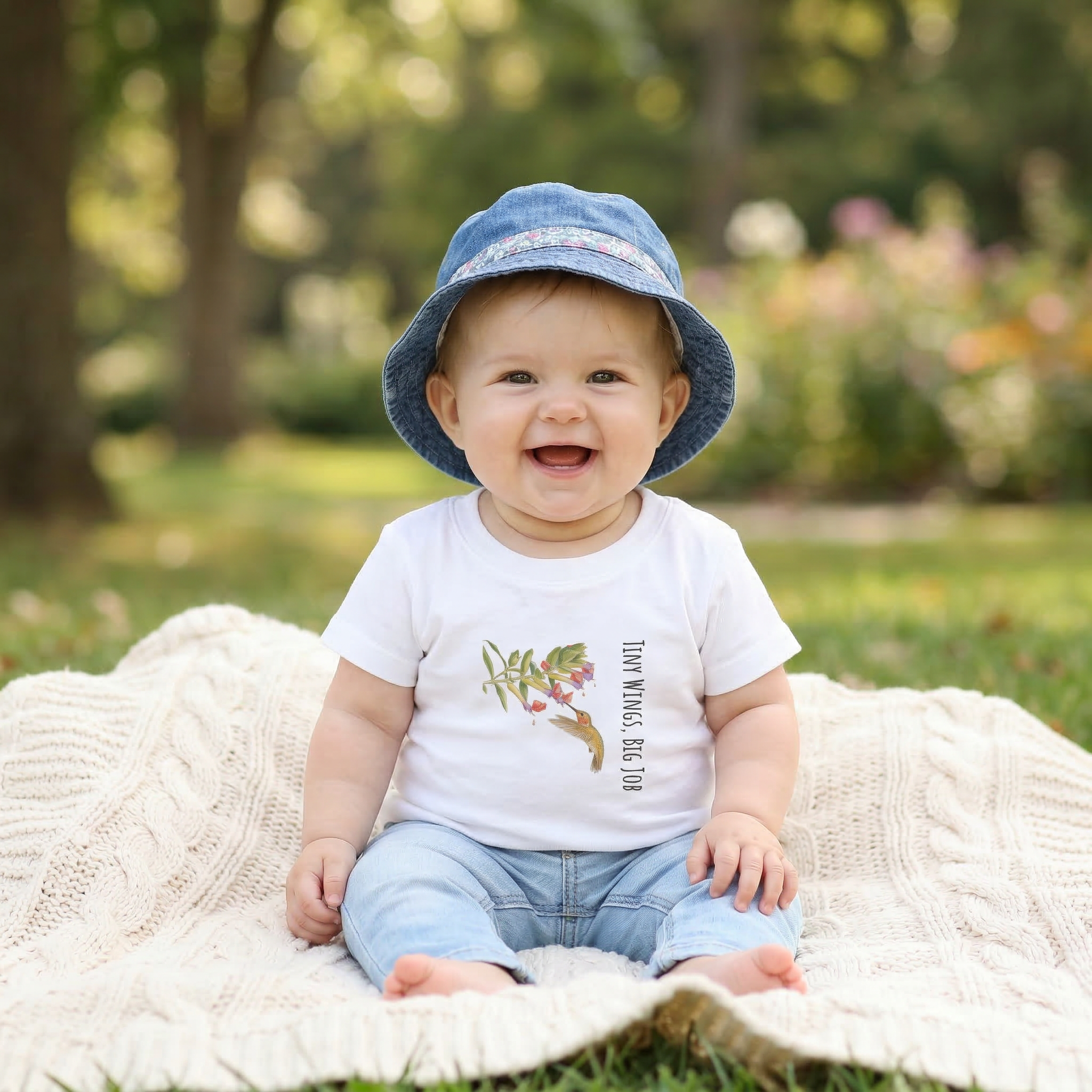 Baby sitting on a blanket outdoors wearing a white t-shirt with text "tiny wings, big job and graphics.