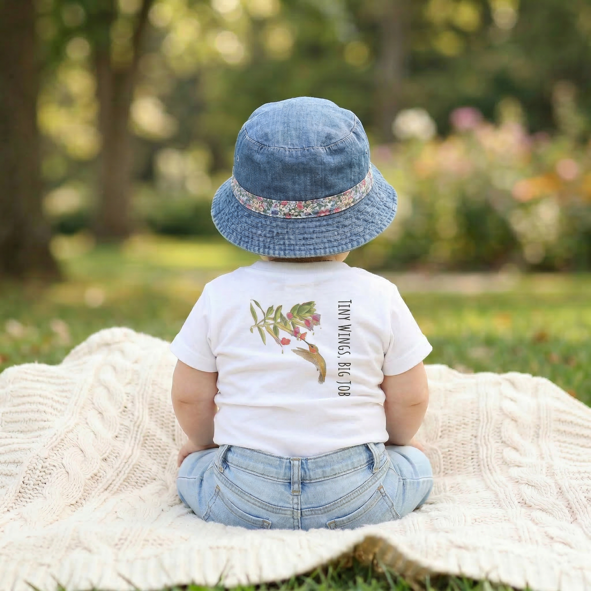 Child wearing a white t-shirt with 'Pollinator' text and graphic, sitting on a blanket outdoors.