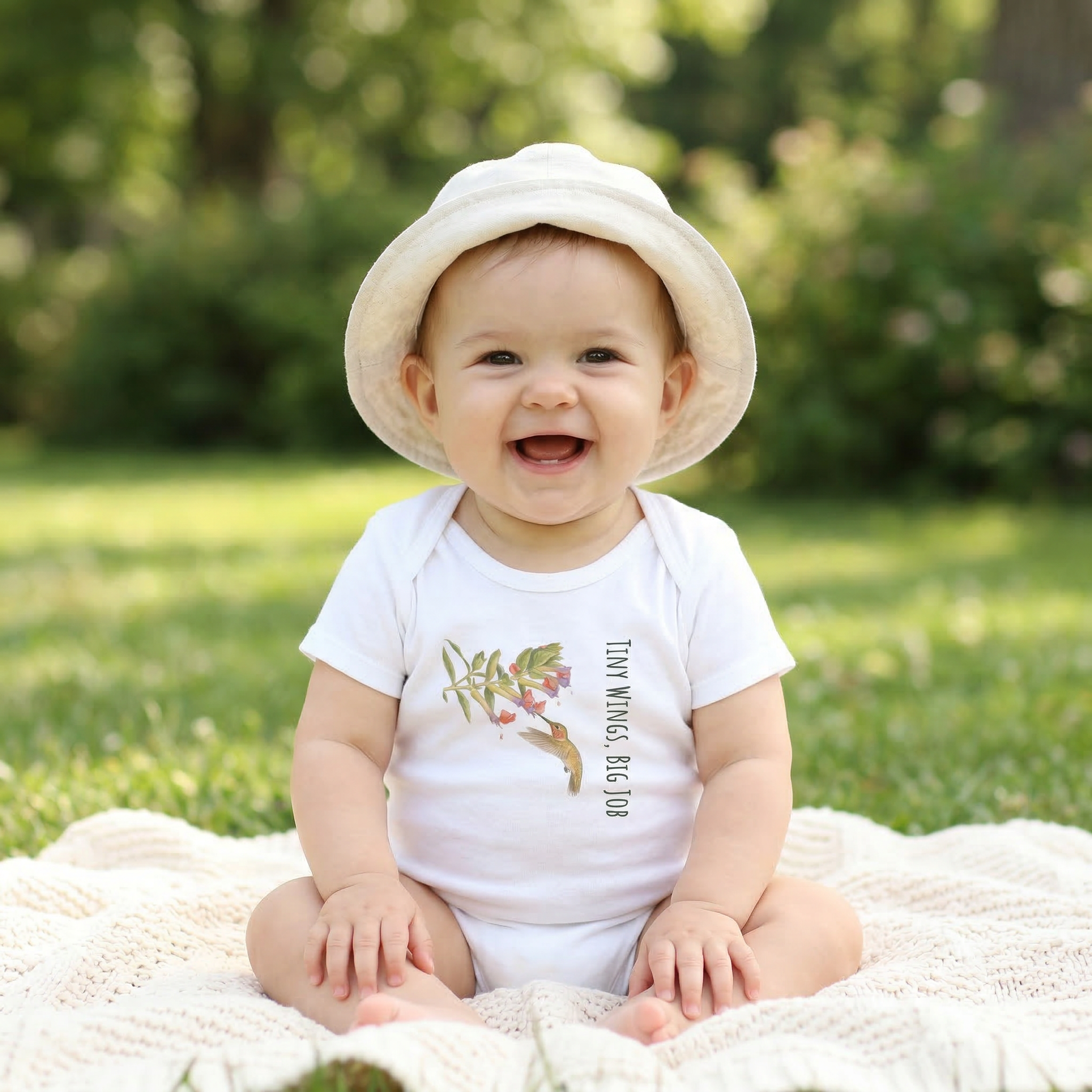 Newborn wearing a Tinywing Tales hummingbird onesie from The Nectar Quest collection.