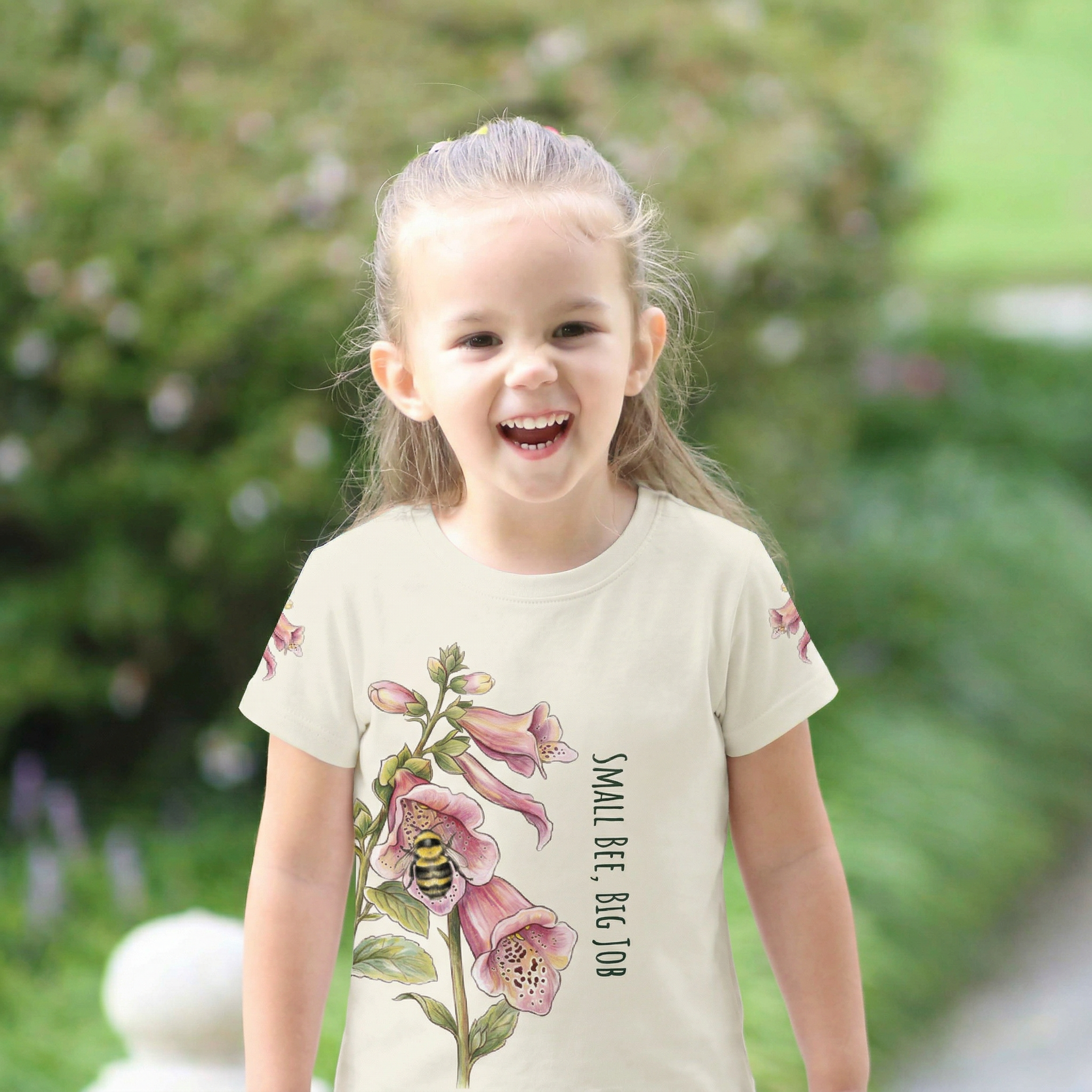 Toddler girl wearing  Kids Floral | Bee Tee |Golden Dust: "Small Bee, Big Job" Performance Tee 