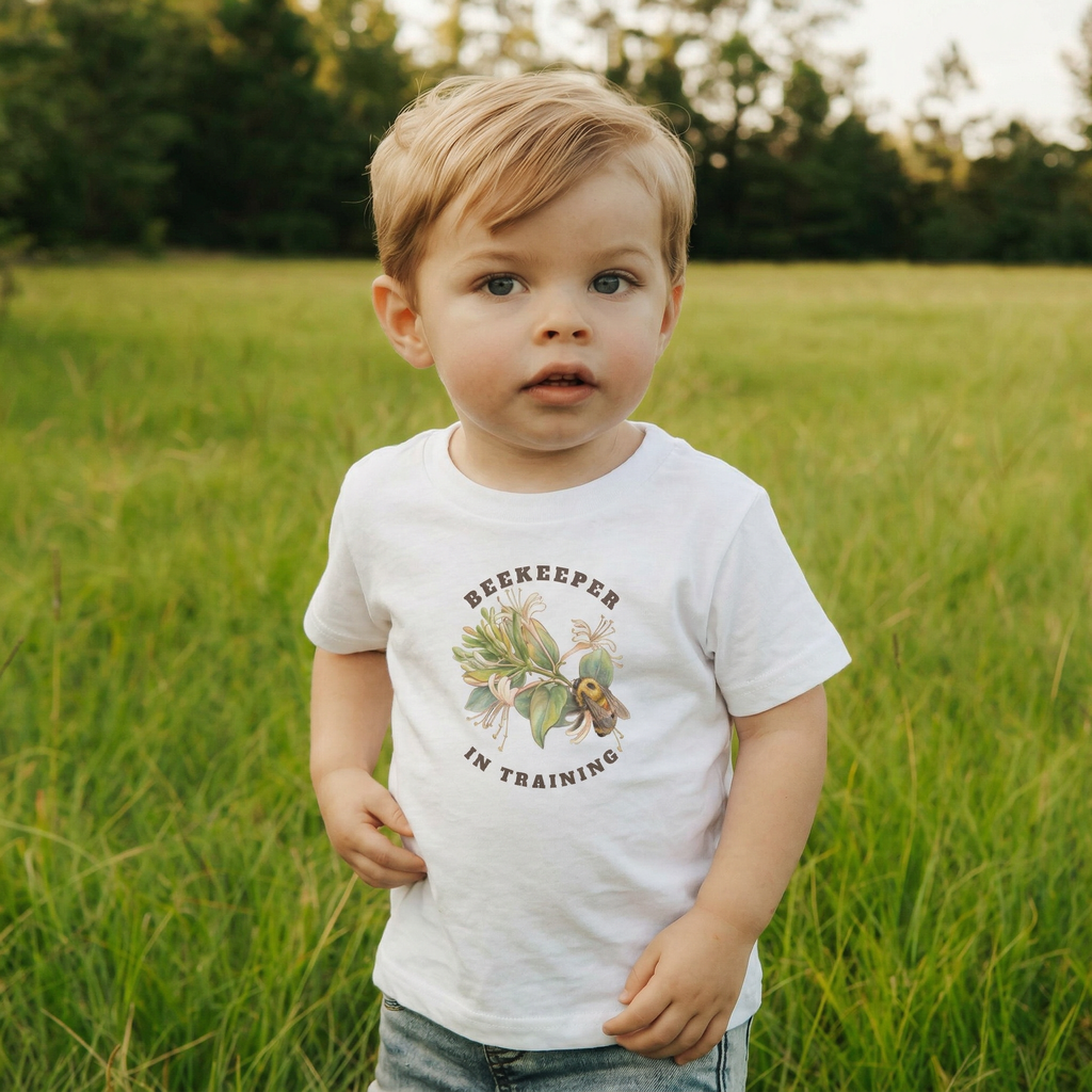 Toddler boy wearing a white tee shirt with bee graphic and text "Beekeeper in training"
