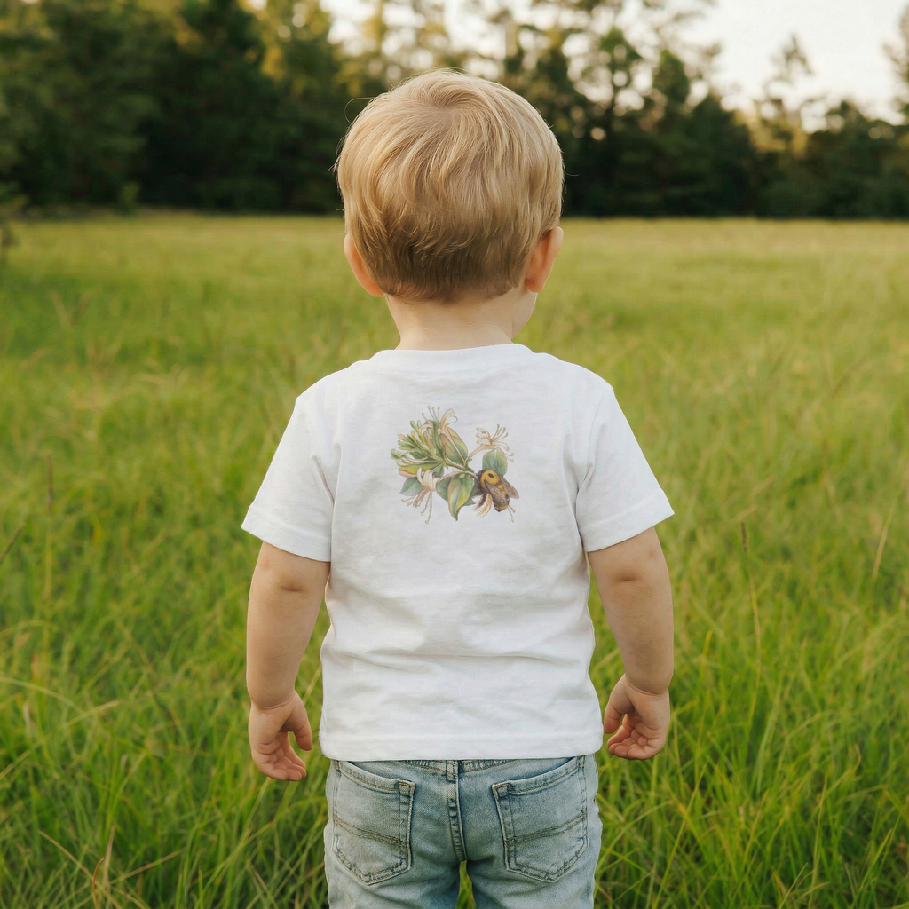 Back view Toddler boy wearing a white tee shirt with bee graphic.