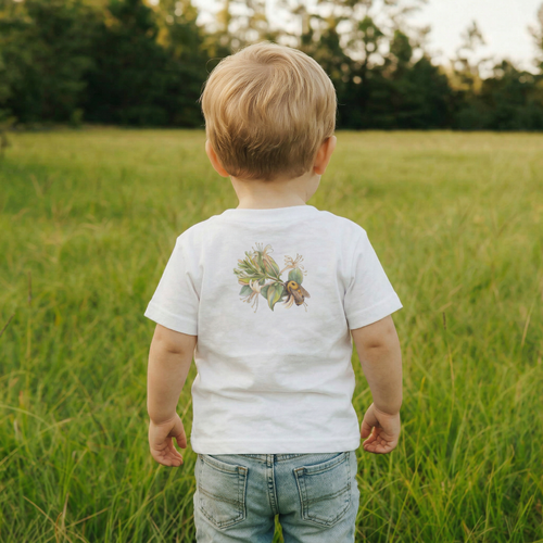 Back view Toddler boy wearing a white tee shirt with bee graphic.