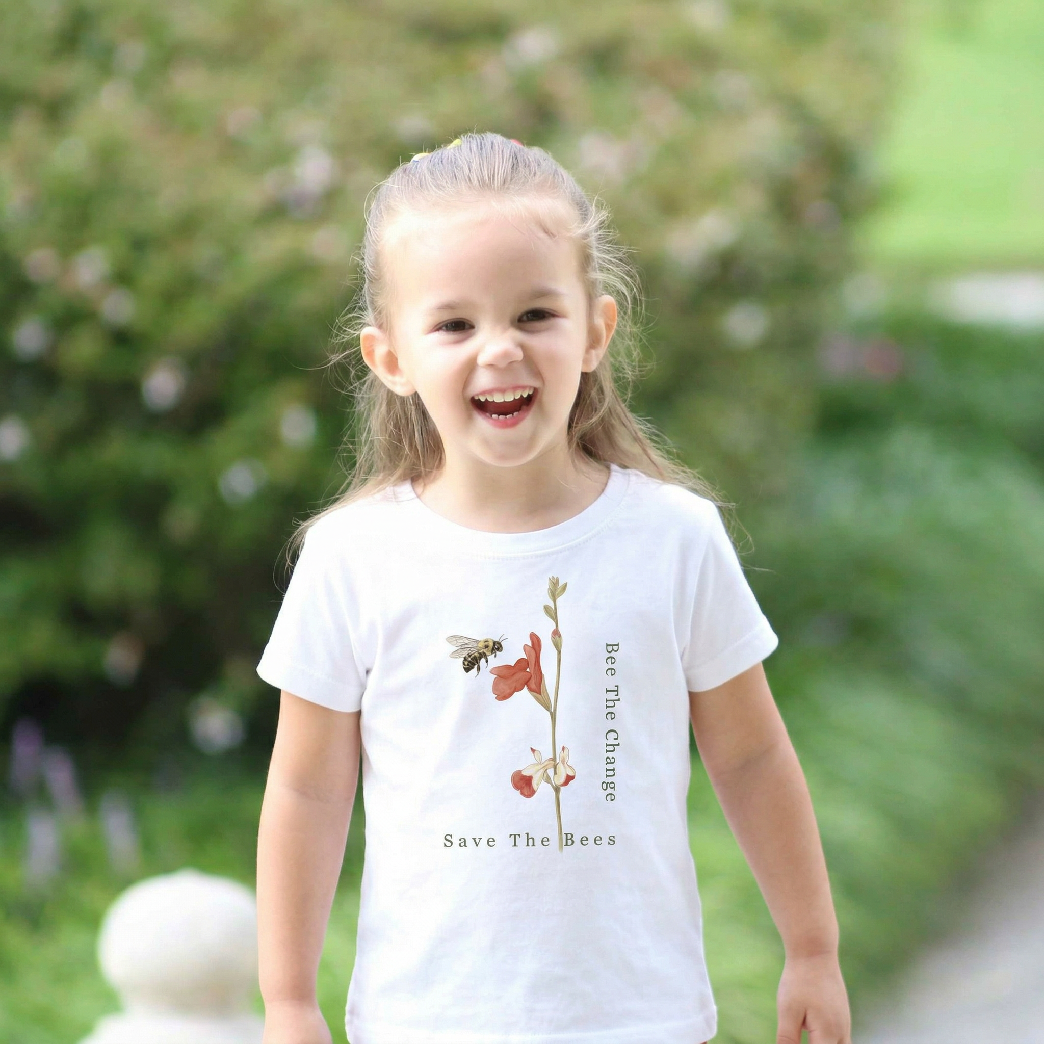 Child wearing a white t-shirt with a bee and flower design outdoors