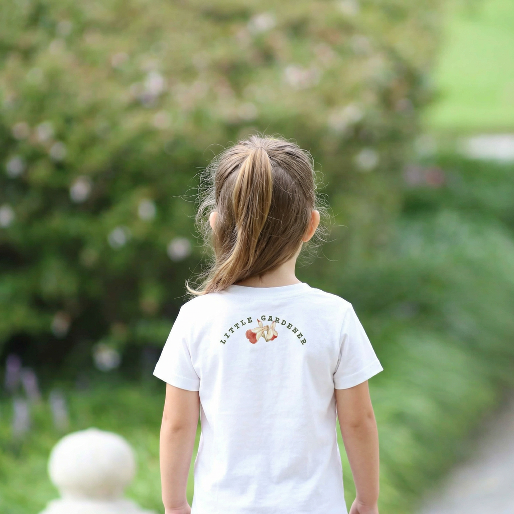 back view of Child wearing a white t-shirt with text and graphics, standing outdoors with greenery in the background
