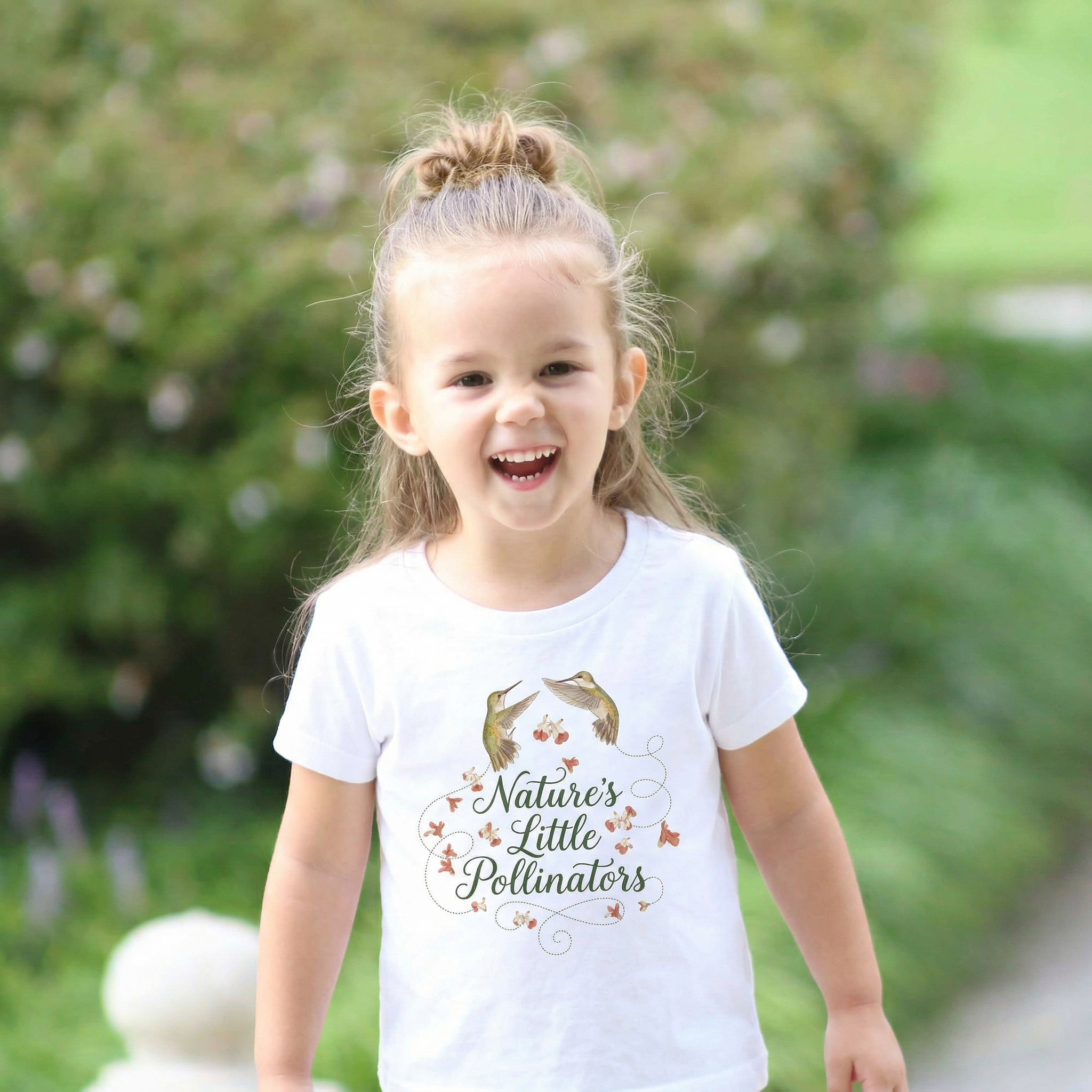 Child wearing a white t-shirt with 'Nature's Little Pollinators' text and hummingbird graphics outdoors.