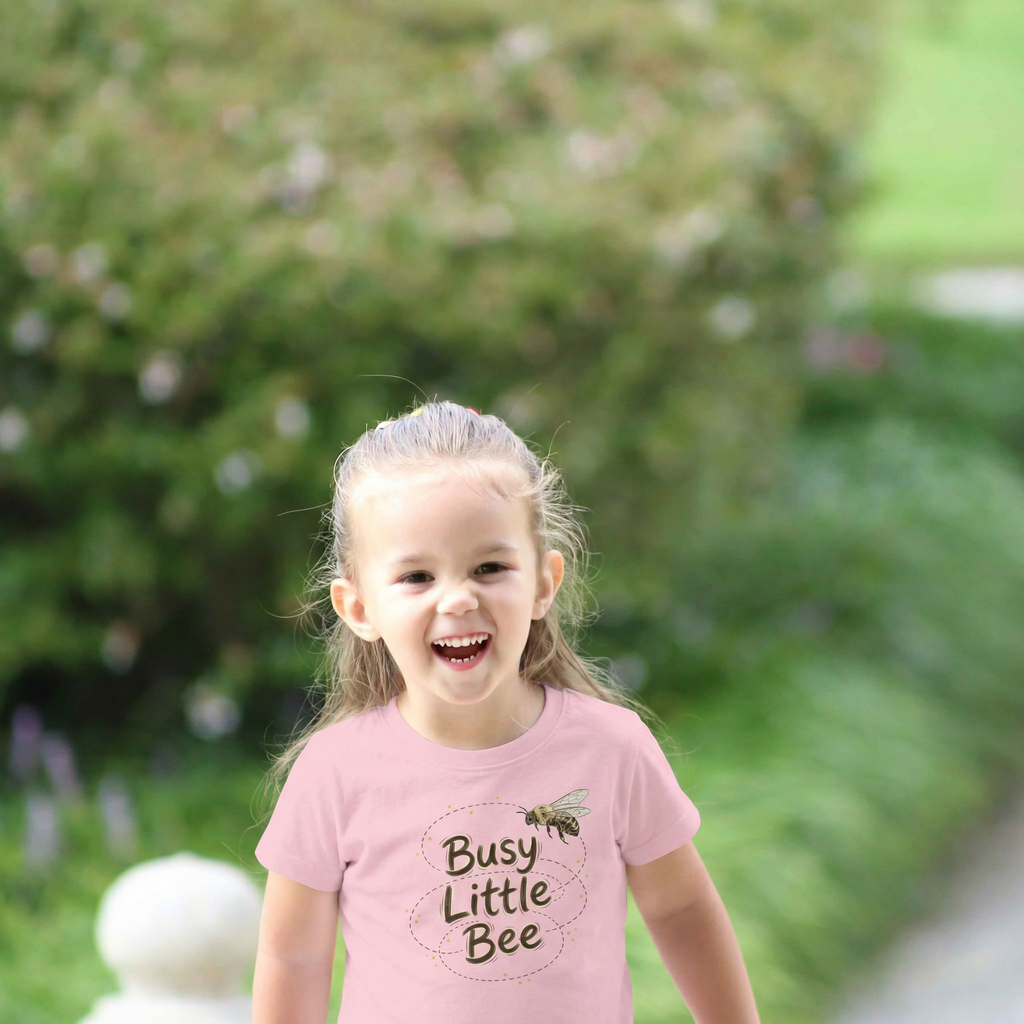 Young girl wearing a pink 'Busy Little Bee' shirt outdoors with greenery in the background
