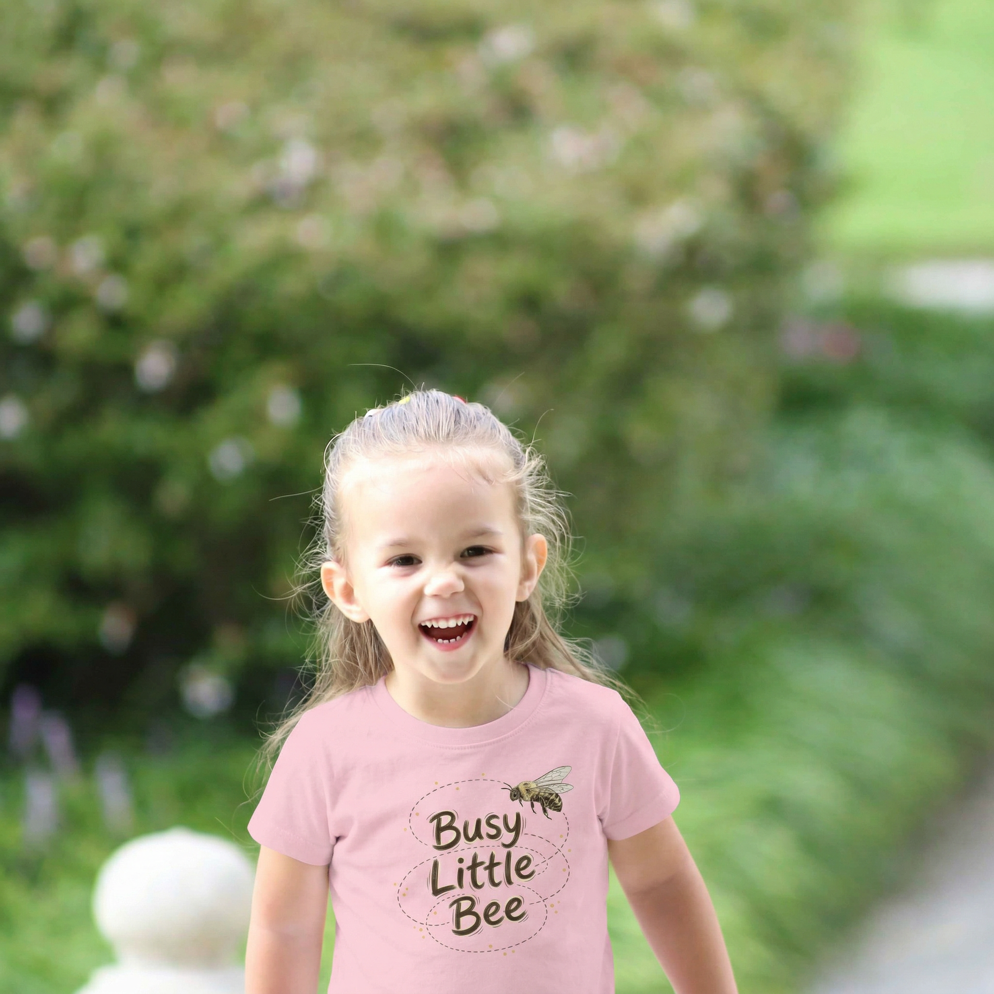 Young girl wearing a pink 'Busy Little Bee' shirt outdoors with greenery in the background