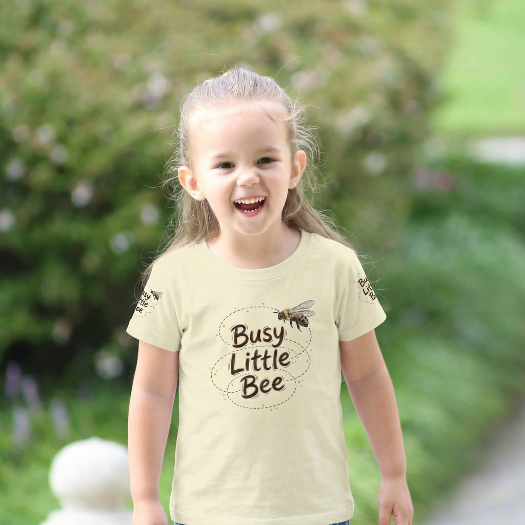 Toddler girl wearing a "Buzy Little Bee" graphic Tee with a Bee Graphic | Tinywings Tales