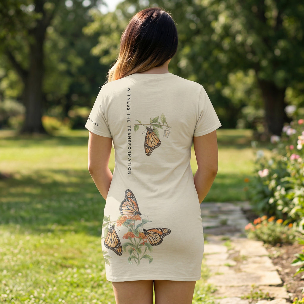 back view of Woman wearing tee shirt dress with butterfly graphic