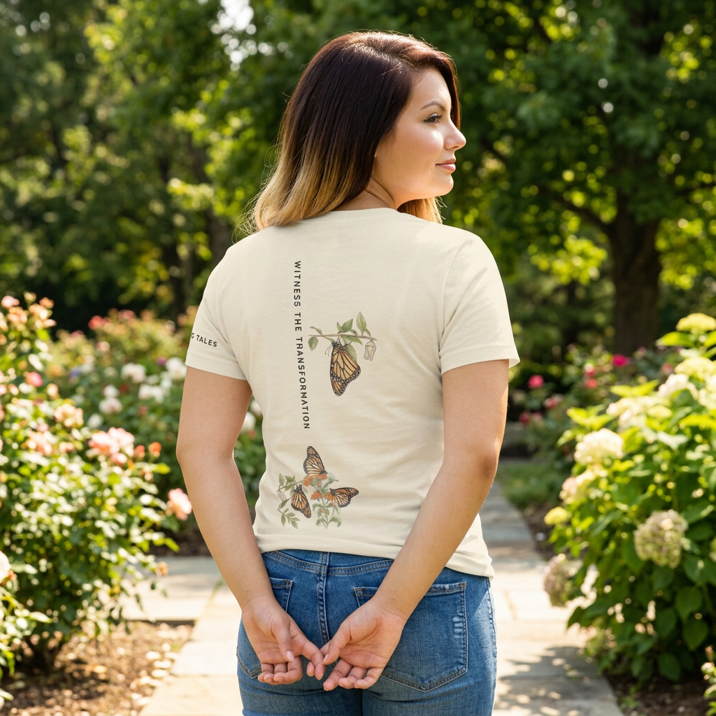 Back view of a Woman wearing a t-shirt with butterfly design in a garden. Tinywing Tales