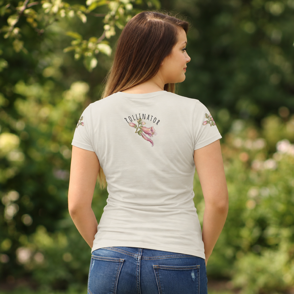 rear view of a woman wearing a  t-shirt with a floral design
