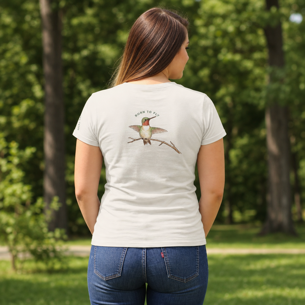 backview of a Woman wearing a light colored  t-shirt with a humminbird design outdoors.