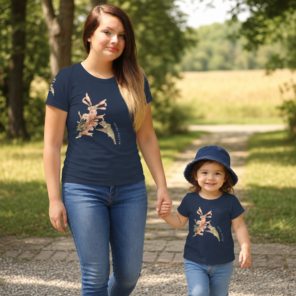 Mommy and Toddler both wearing Hummingbird and floral tee (Mommy and Me)