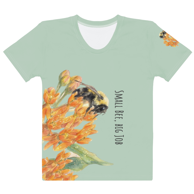 T-shirt with a bee and flower design and text 'Small Bee, Big Job' on a light green background